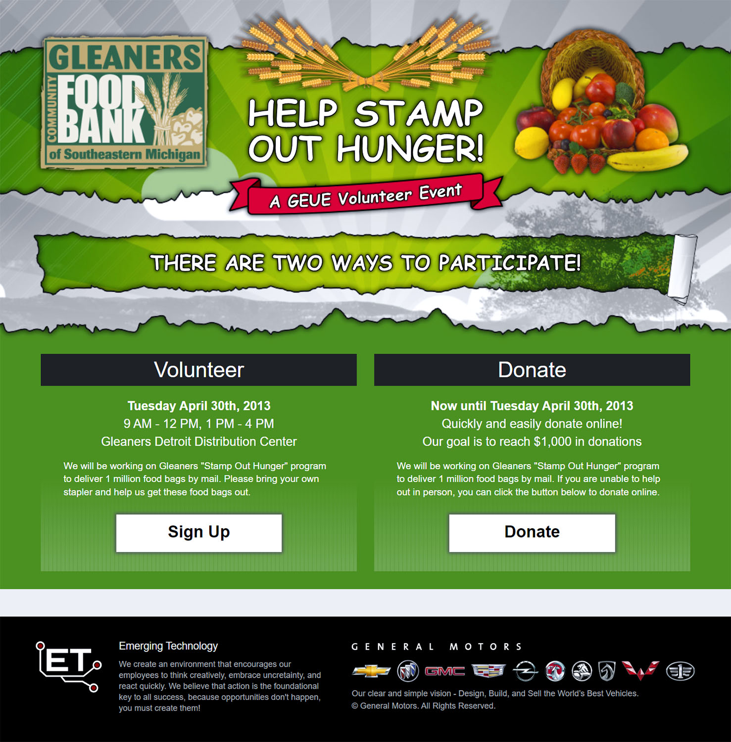 General Motors Gleaners Volunteer Event Website